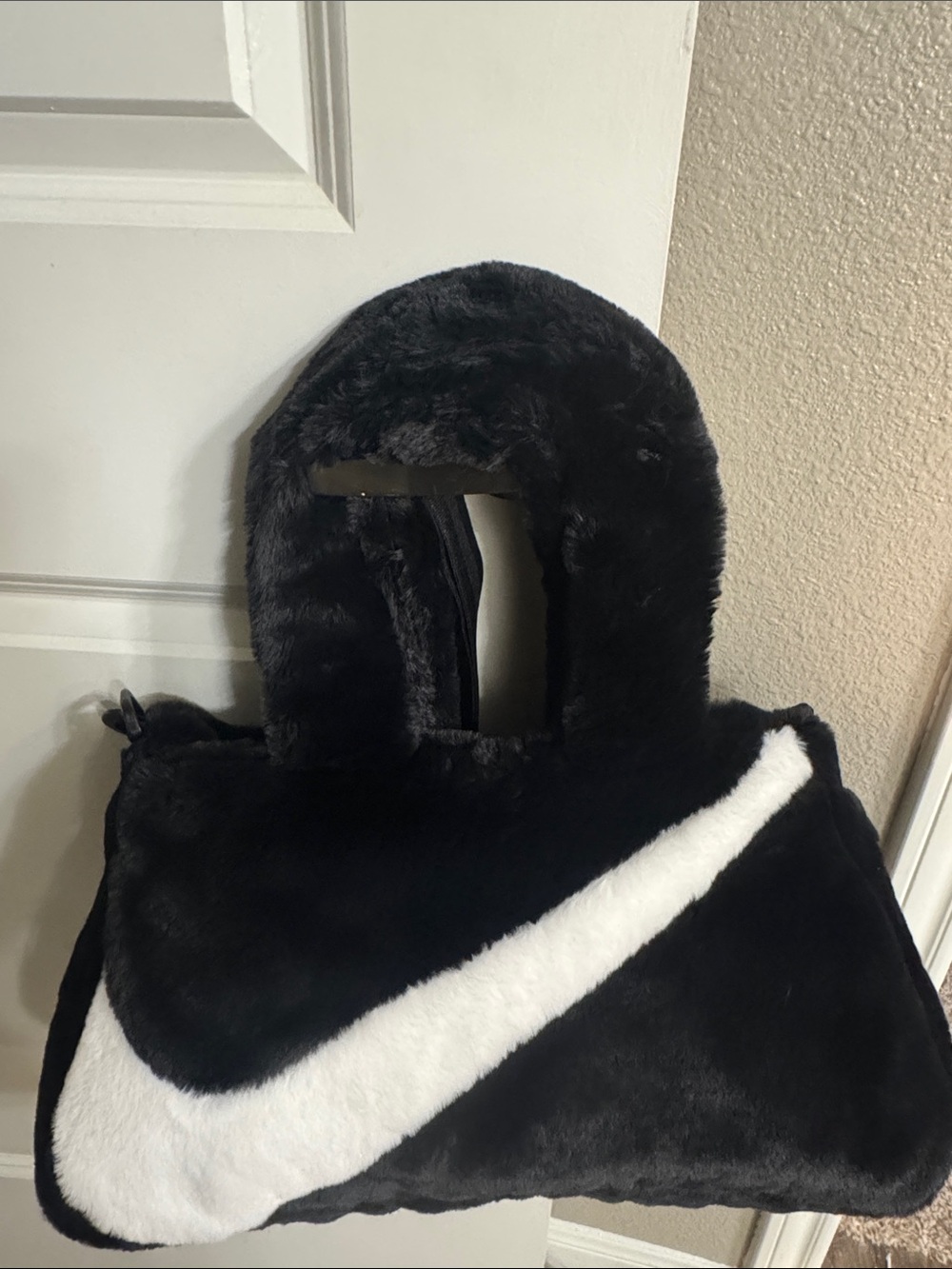 Nike Black Faux-Fur Tote with White Swoosh